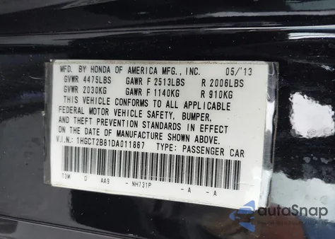 2013 Honda Accord Ex-L V-6 from USA, damaged, VIN 1HGCT2B81DA011867